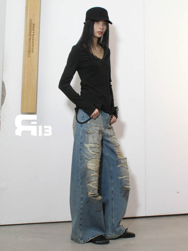 R13 Thirteen Lines 25 春夏アメリカンホットガールニッチデザインフリップサスペンダーレースボトム長袖Tシャツ8356|undefined