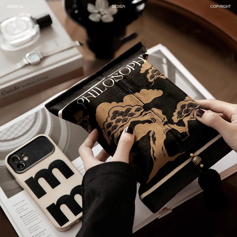 新中式松木轻奢纸抽盒入画创意家客厅纸巾袋汽车纸巾盒车载纸巾套