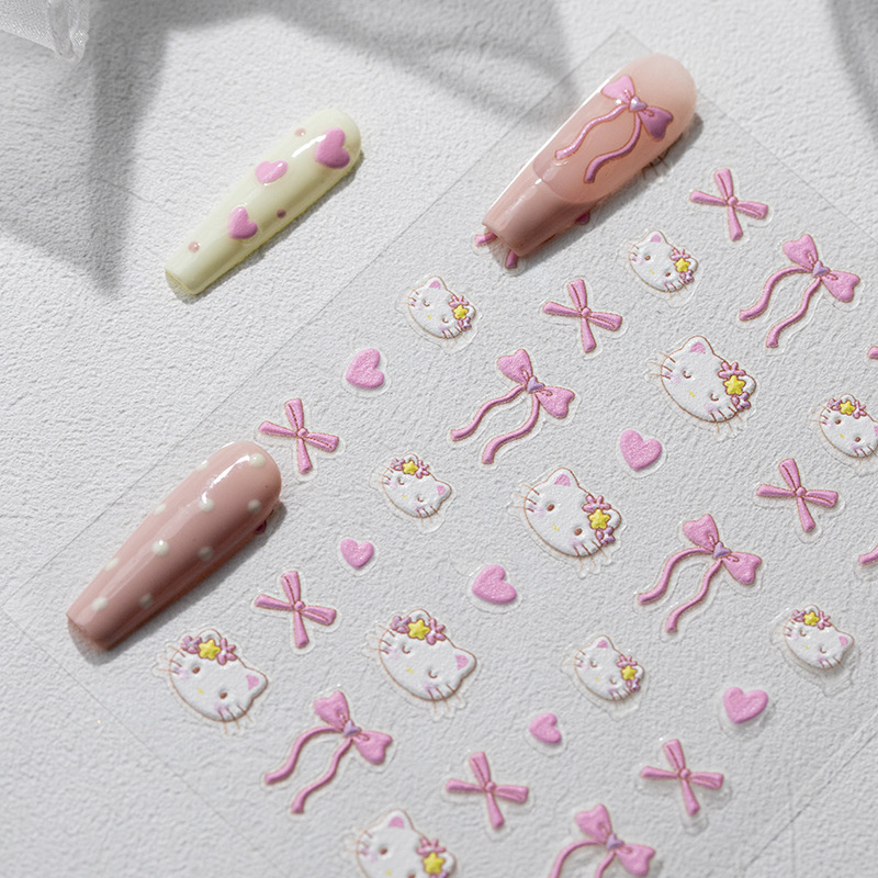 Sky纯欲少女心蝴蝶结凯蒂猫美甲贴纸甜心可爱kitty浮雕立体指甲贴|undefined
