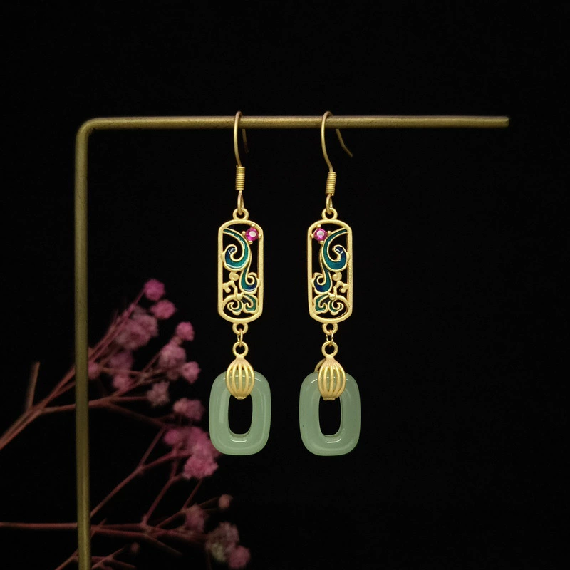 Ретро-Enamel серьги в виде защитного амулета, имитация нефрита, позолоченная филигрань, легкий
