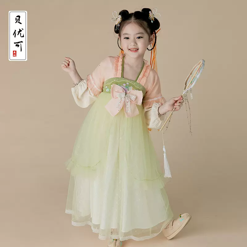 2022年春款新品女童中小童纱裙连衣裙大蝴蝶结汉服中国风古装古风