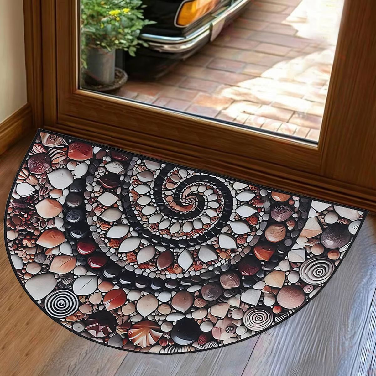 Alfombra de entrada semicircular estilo americano vintage de Amazon Temu, alfombra de terciopelo cristalino, resistente a la suciedad, a prueba de polvo, fácil de mantener.