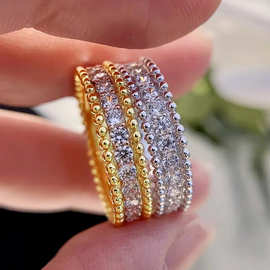S925银镀18K白金色满天星满排钻戒指女士食指尾戒高级感珠边指环