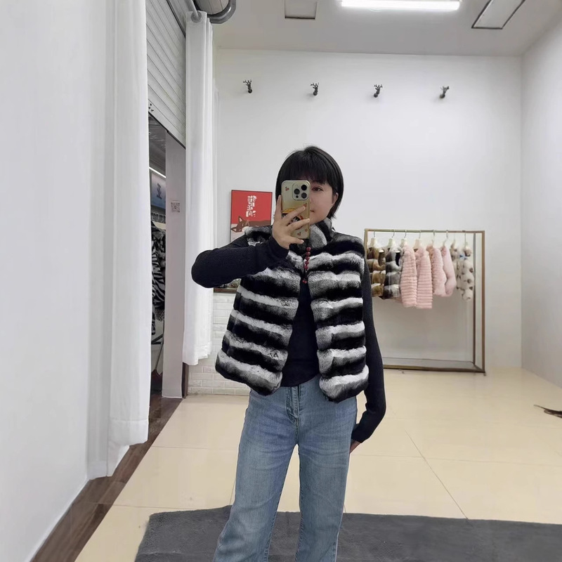 2025 New Style Rex Rabbit Fur Outwear Green Purple Blue Women's Short Fashionable Autumn and Winter Stand-Up Collar Vest