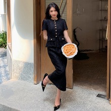 秋季新款女装职业通勤OL赫本风高腰修身假2件连衣裙长款小黑裙子