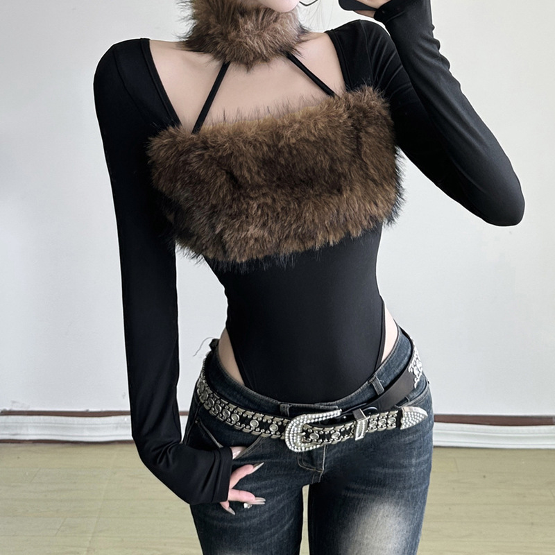 Autumn and Winter Vibe Stylish Hot Girl Fur Collar Patchwork Bodysuit Elegant Slim-Fit Long-Sleeve T-Shirt for Women