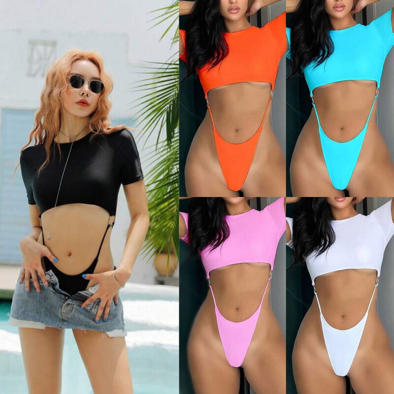 2026 Aliexpress Candy-Colored Solid Color Hollow-Out Midriff-Baring Thong Sexy One-Piece Bikini Hot Girl Short-Sleeved Swimsuit