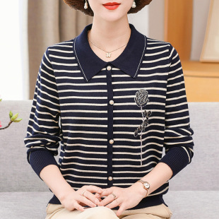 Middle-Aged and Elderly Women's New Autumn Clothing Lapel Knitted Long-Sleeved T-Shirts, Fashionable Mother's Clothing, Fashionable Stripesd Slimming Look Bottoming Shirts
