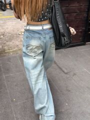 高个子加长美式复古口袋刺绣牛仔裤女夏季高腰宽松显瘦阔腿拖地裤