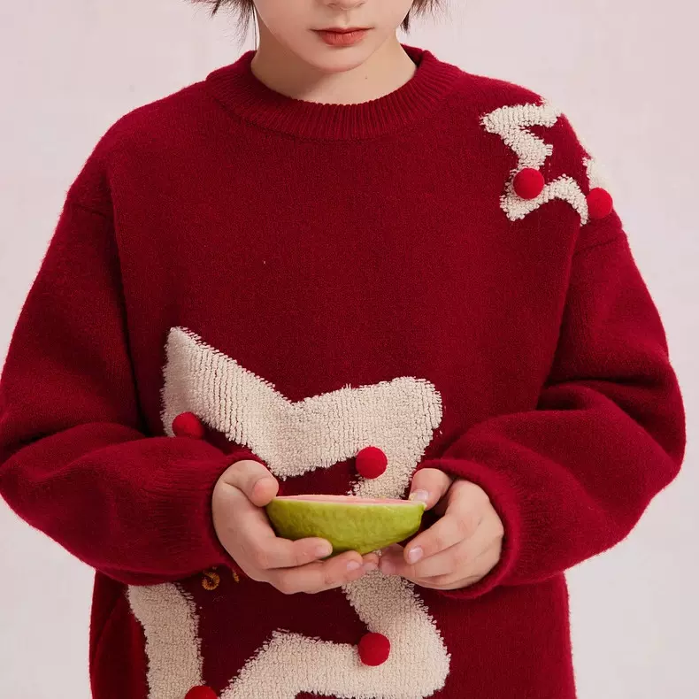 冬季喜庆新年红毛巾绣圆领保暖针织童装男女 保暖加厚中大童毛衣
