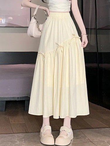Designer Asymmetrical Bow White Women's Summer High-Waist Slimming Umbrella Skirt Elegant Medium Dress