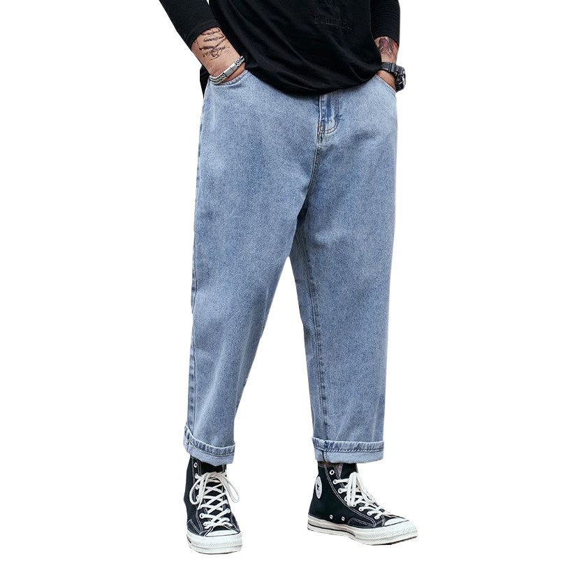 Vaqueros elásticos de nueve puntos de talla grande para hombre, pantalones holgados de pierna recta Harlan, caída de pierna ancha, grasa y pantalones de papá