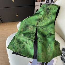 2025年女穿百搭马甲扣国风新绿色早秋中式叠上衣秋款国风盘刺绣