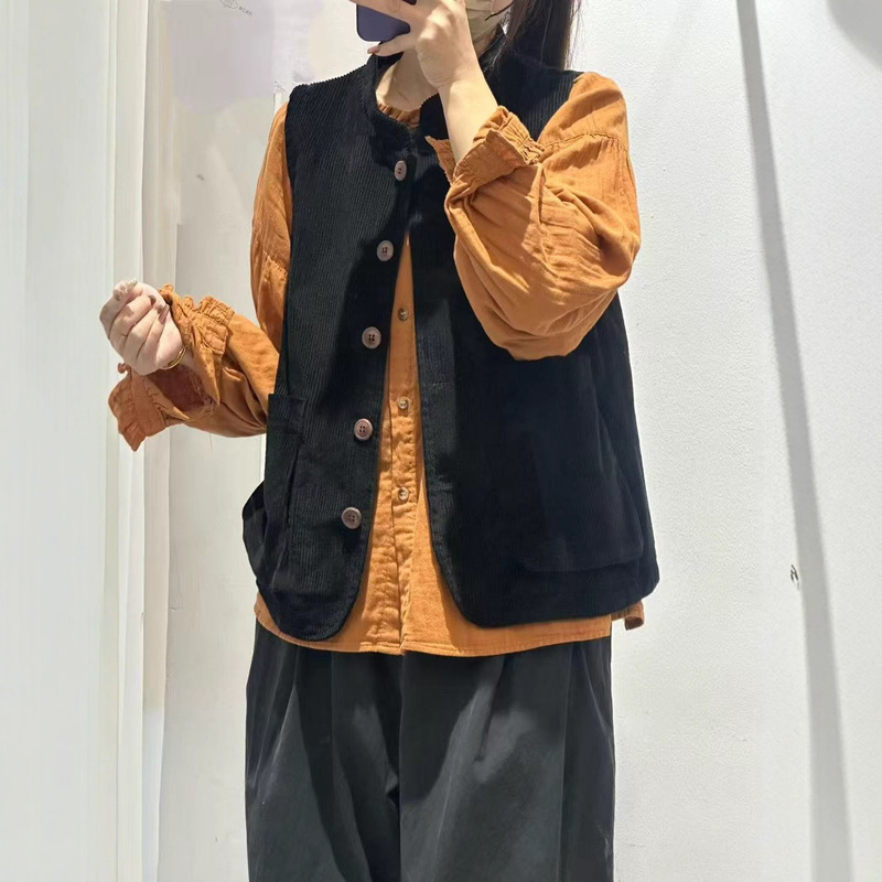 2025秋韩版宽松文艺复古灯芯绒立体大口袋立领马甲百搭无袖上衣女|undefined