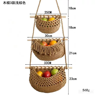 三层手工编织棉绳吊篮 厨房挂墙水果收纳筐 悬挂式果蔬置物篮