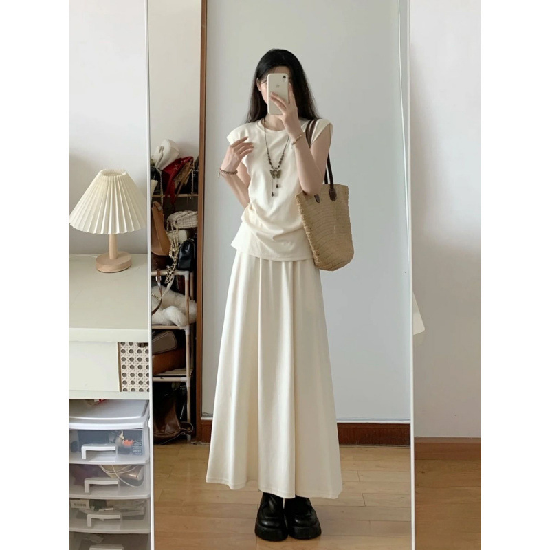 女性用フレンチソルトスタイルスーツスカート、夏服、ファッショナブルなノースリーブトップとハーフレングススカートの2点セット|undefined