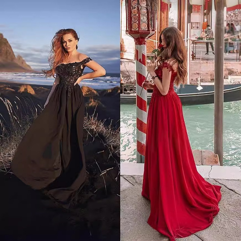 Foreign Trade Evening Dress Women's Shoulder Long Ball Split Lace Decal Chiffon Formal Cocktail Party Dress