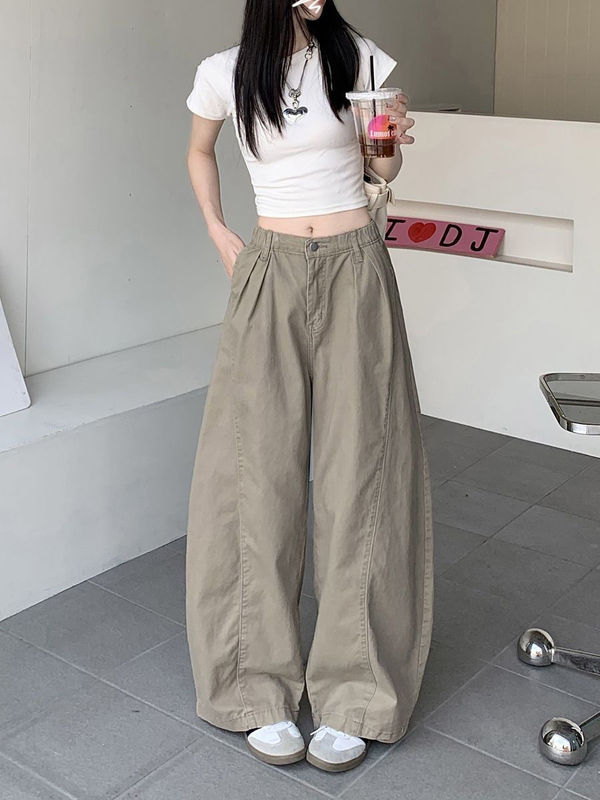 西蒙莱纳小个子卡其色弯刀牛仔裤女夏季新款宽松松弛感阔腿裤休|undefined