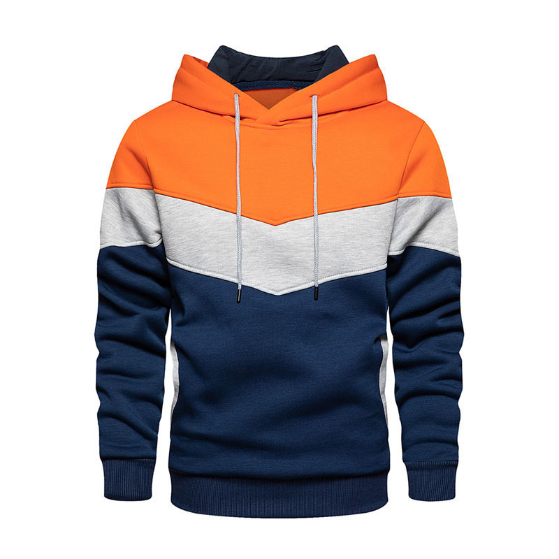 Men's Clothing new spring and autumn blue collarless casual pullover loose side seam pocket color matching youth hooded sweatshirt_mkmklike.com