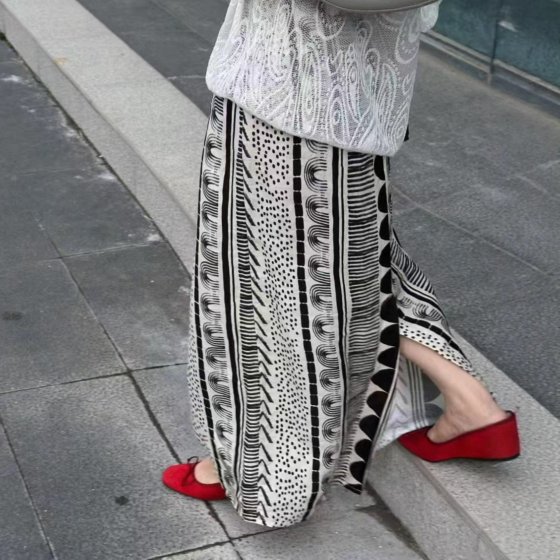 French Retro Printed Linen Skirt for Women 25 Autum New Elastic Waist High Waist Slim Loose Straight Skirt