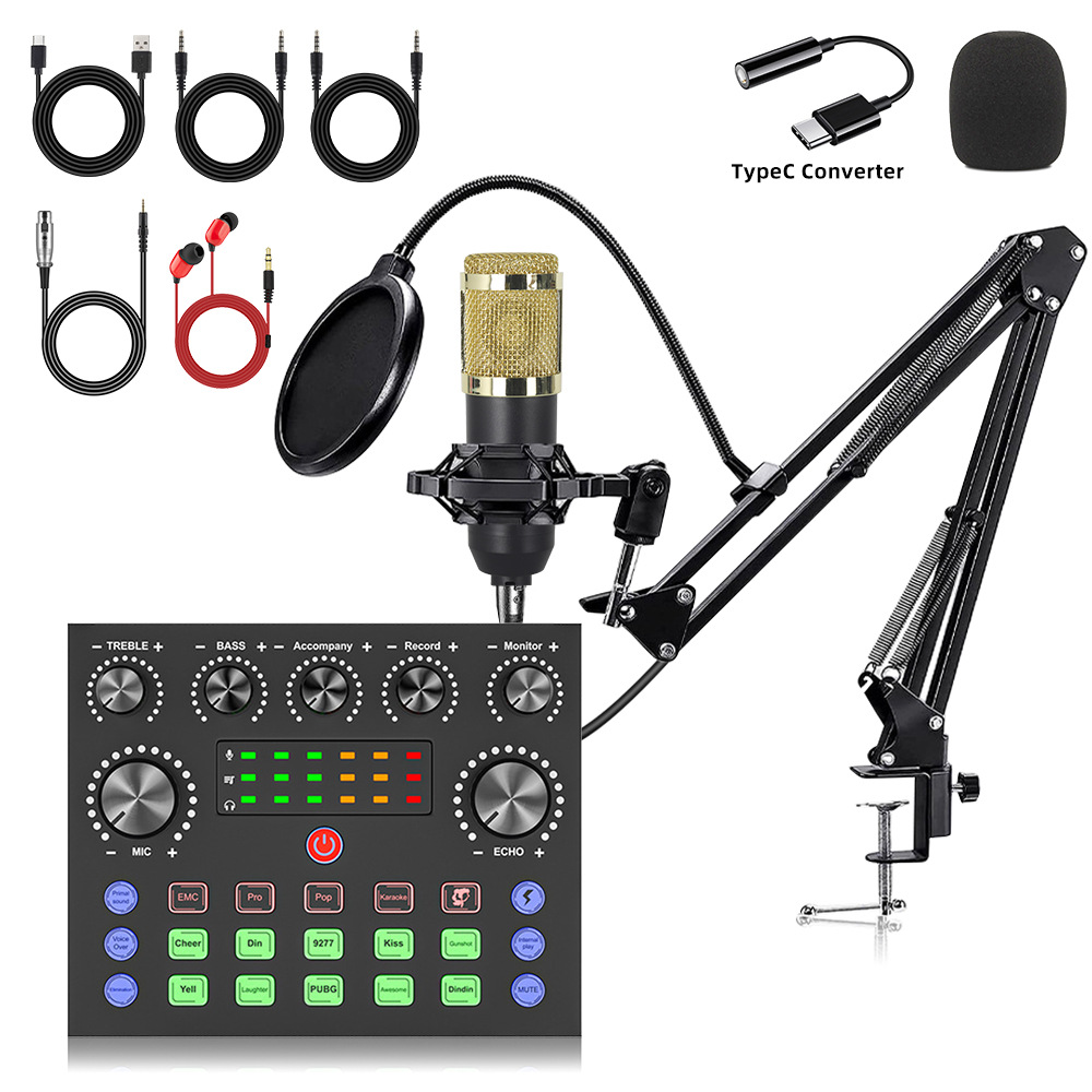 BM800 micrófono micrófono inglés computadora grabación USB teléfono móvil tarjeta de sonido transmisión en vivo v8s equipo completo de podcast