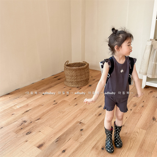 2024 Korean children's clothing summer new Korean style two-piece set girls lace sleeve vest + shorts 123219