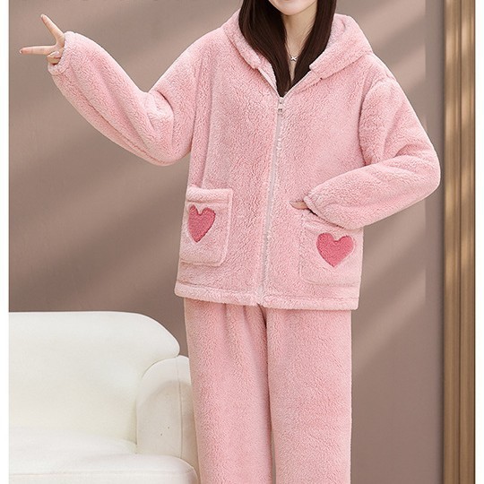 珊瑚绒睡衣女秋冬季加绒加厚网红风新款爱心口袋法兰绒家居服套装|undefined