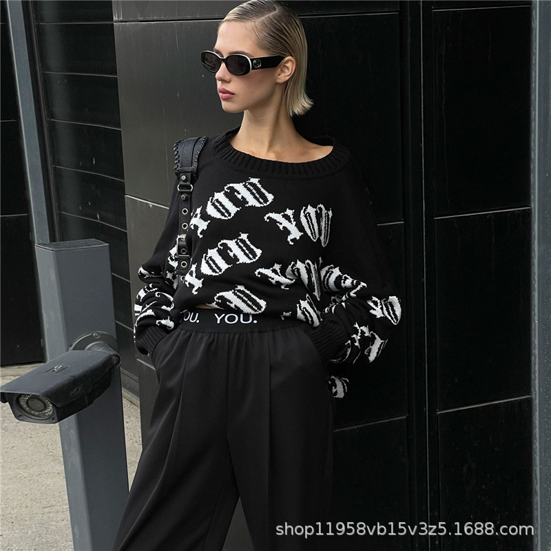 In-Stock Niche Design Winter Letter Print Loose Sweater Retro Fashion European and American Rock Pullover Crew Neck Long Sleeve