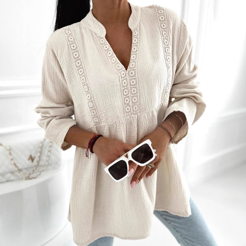 2025 Cross-Border Amazon V-Neck Lace Patchwork Loose Shirt 2025 Cross-Border Amazon V-Neck Lace Patchwork Loose Shirt