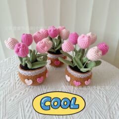 完成品クロスボーダー手編みチューリップ鉢植えホームデコレーションウールニットローズシミュレーションフラワーデスクトップ盆栽