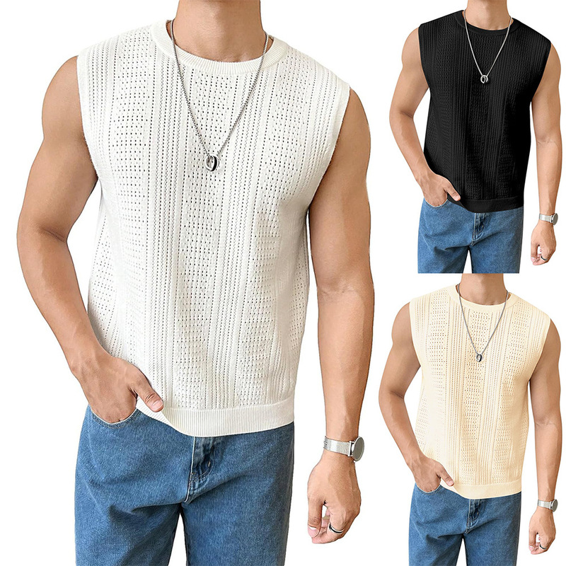 Summer Men's New Solid Color Sweater Fashionable Men's Sleeveless Top Hollow Breathable Round Neck Casual Vest