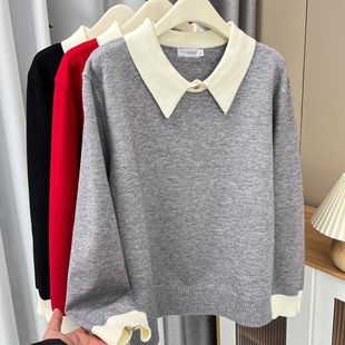 Spring and Autumn 200kg fat sister versatile contrast color lapel sweater large size women's casual POLO collar sweater 2350
