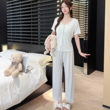 睡衣女莫代尔棉性感宫廷风舒适蕾丝可外穿长裤短袖胸棉套装家居服
