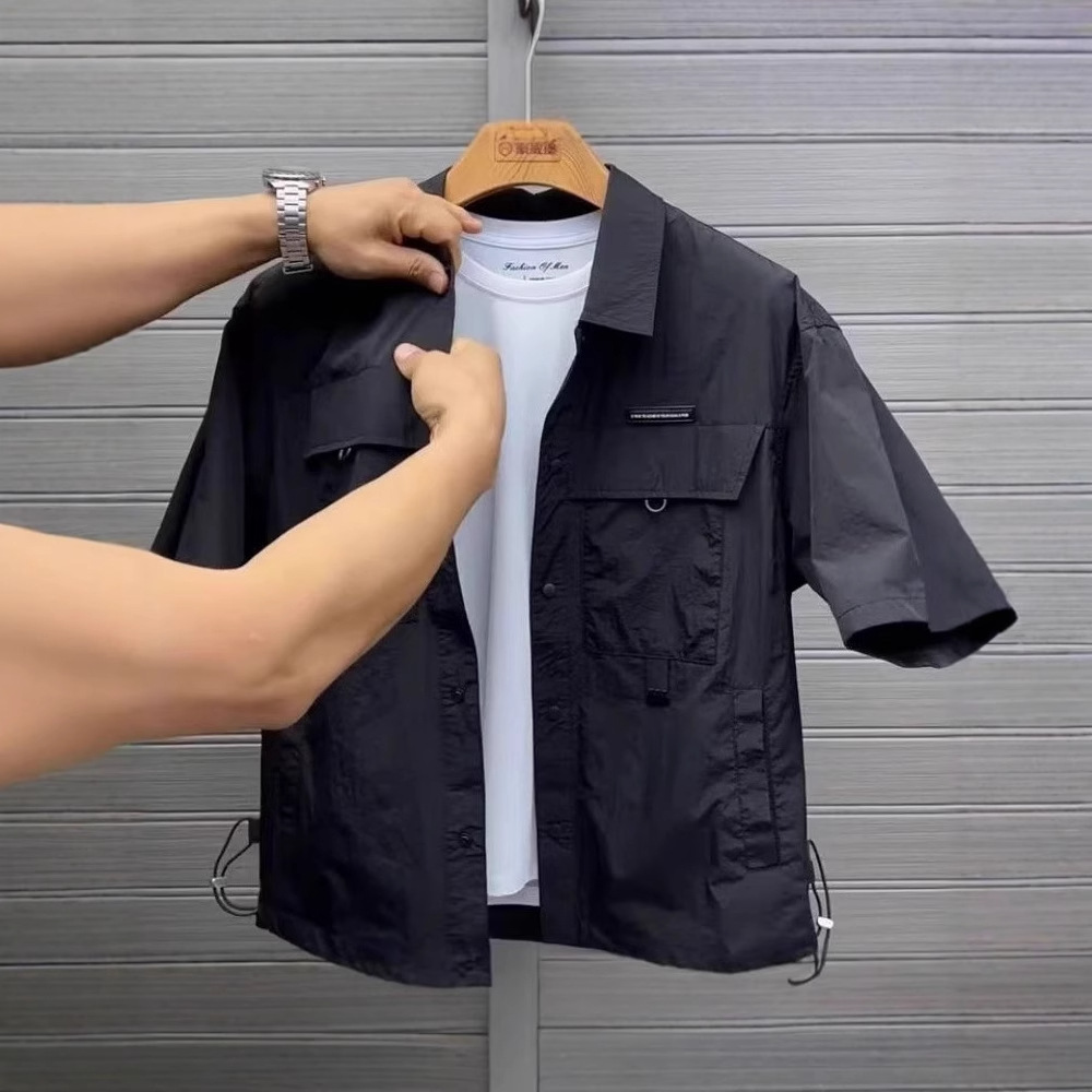 Summer New Outdoor Workwear Large Pocket Lapel Shirt Men's Trendy Versatile Simple Solid Color Casual Short-Sleeve Jacket