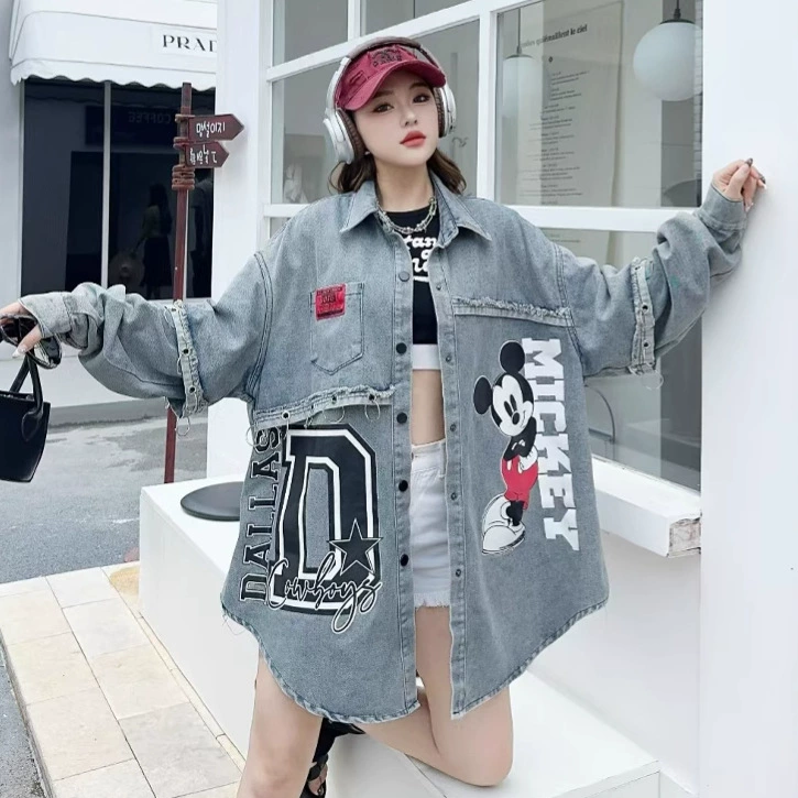 Spring cartoon shirt for leisure, long-sleeve, jacket, Korean style, with embroidery