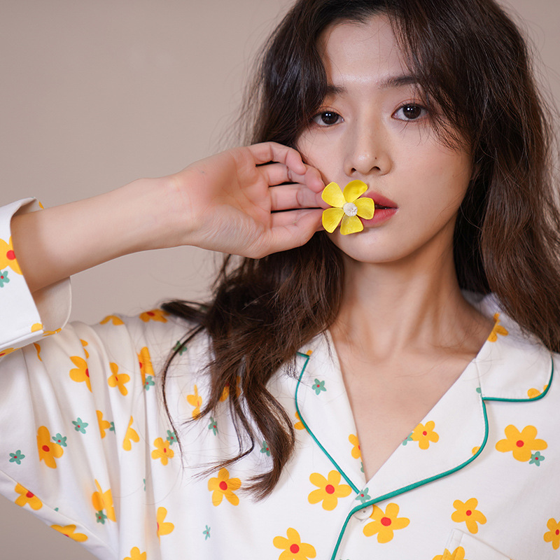 2021春季新款小黄花少女睡衣长袖纯棉家居服时尚甜美套装一件代发|ru