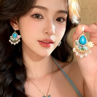 复古民族风绿松石花朵流苏耳环女小众高级感气质耳钉海边度假耳饰
