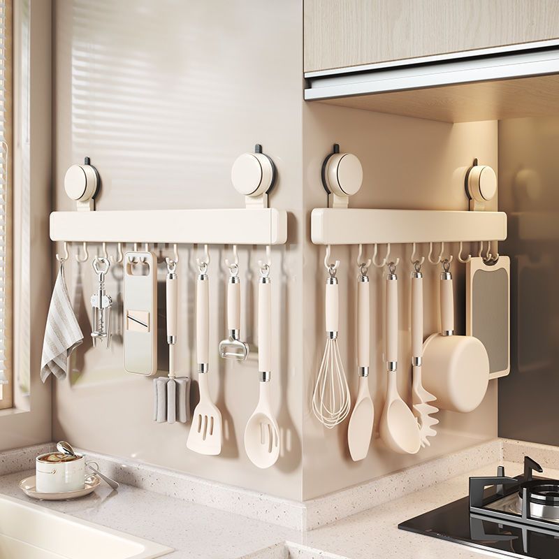 Milky White Suction Cup Kitchen Hook Rack, No-Drill Hanging Rod, Wall-Mounted Kitchen Utensil Rack, Spoon and Spatula Storage Rack
