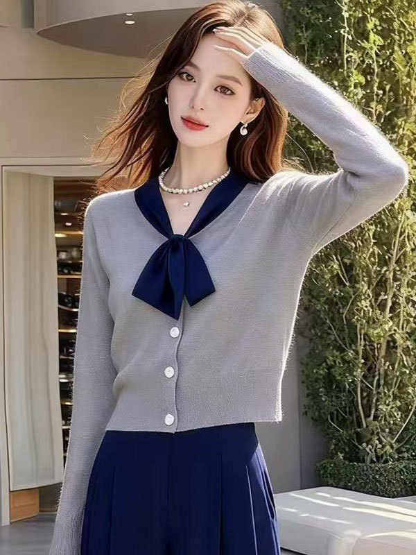 时尚复古绝美蓝色蝴蝶结长袖针织衫女秋冬新款阔腿裤子两件套装|undefined