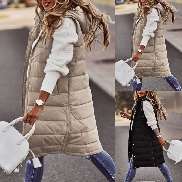 2021wish European and American solid color hooded single-breasted mid-length cotton-padded jacket waistcoat slim-fit elegant cardigan coat top