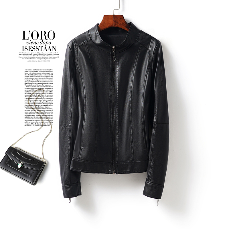 Leather Jacket for Women, Short Style, Stand-Up Collar, Black, Slim Fit, Sheepskin, Haining, New Autumn and Winter Women's Leather Coat