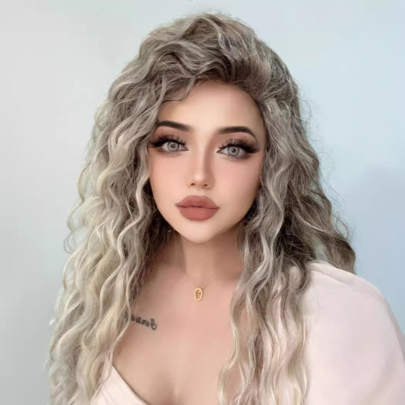 Cross-border European and American wig female African small long curly hair chemical fiber headgear gray gold partial curly hair wig headgear