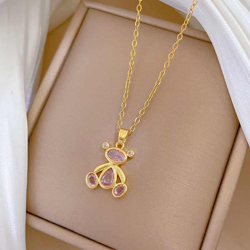 Gorgeous Pink Bear Pendant Necklace - Versatile Titanium Steel_voghion.com