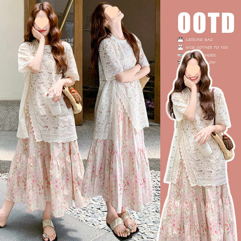 2026 New Maternity Wear Summer Outfit Lace Short-Sleeved Top + Printed Skirt Set 2026 New Maternity Wear Summer Outfit Lace Short-Sleeved Top + Printed Skirt Set
