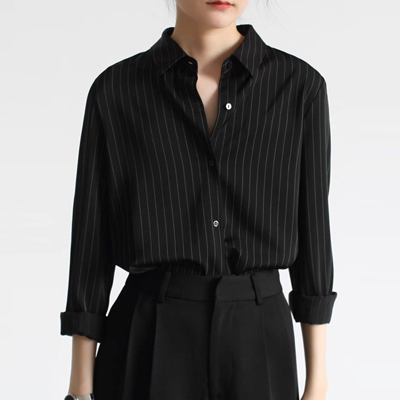 Carefully Selected Satin Shirts, Spring New Tops, Black Striped Shirts, Women's High-End Commuting Interview Shirts, Professional Wear