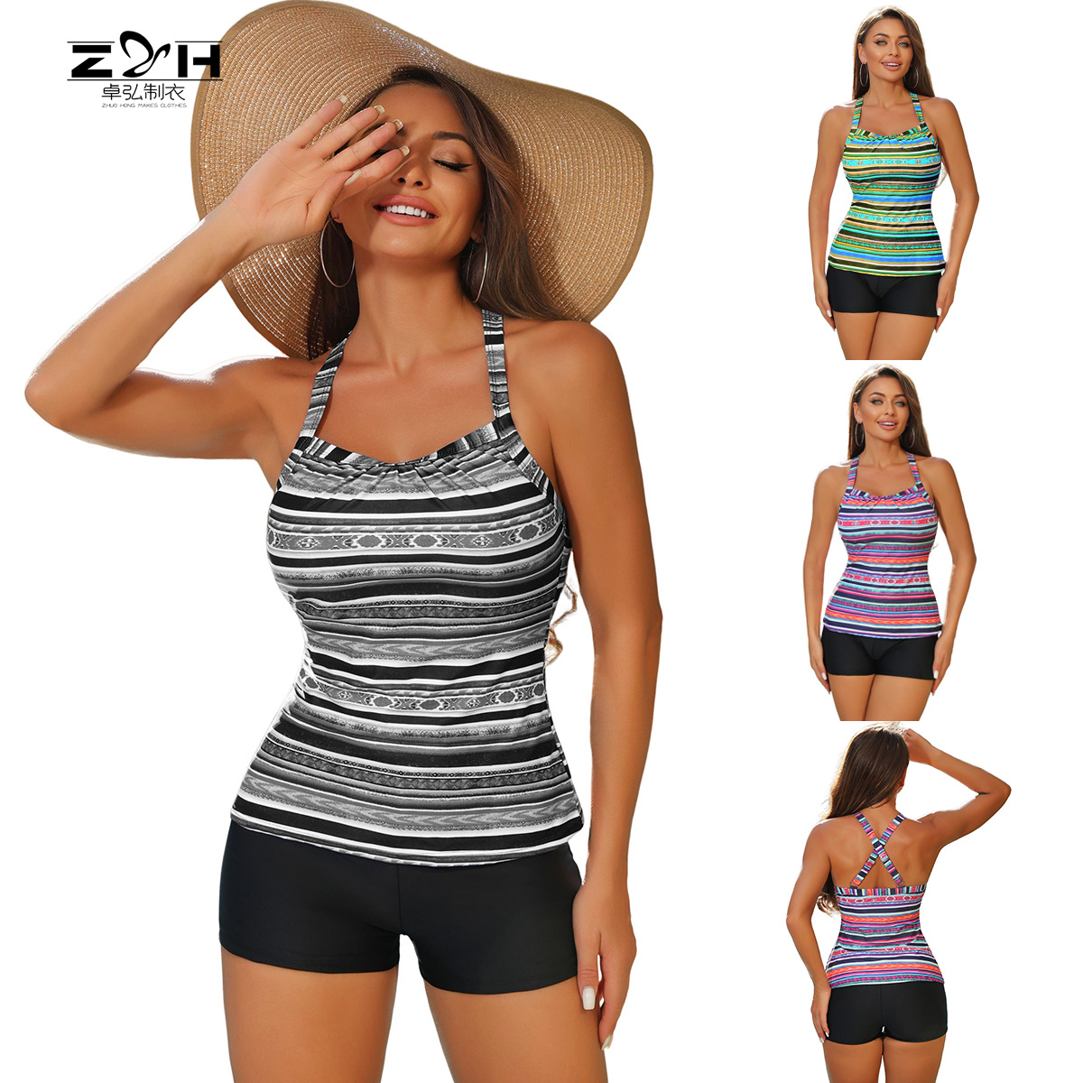 Nuevo traje de baño a rayas de Amazon transfronterizo de Tankini, fabricante de trajes de baño divididos conservadores europeos y americanos, trajes de baño al por mayor