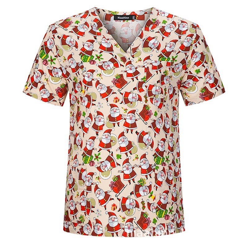 国境を越えたアマゾンの爆発的なアニメプリント看護師服女性vネック半袖tシャツ上着手術服作業服男性|undefined