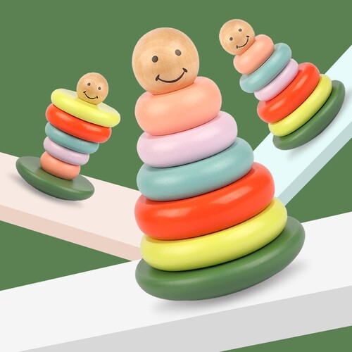 Baby cartoon macaron color roly-poly rainbow Hanoi tower assembly stack and play balance grasping blocks toy