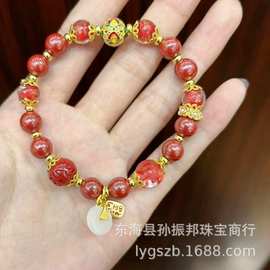 新款红色金箔琉璃高含量帝王砂招cai纳福手链手串水晶珠饰品批发