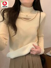 法式镶钻打底衫女加厚一体绒毛衣春夏内搭镂空针织半高领上衣